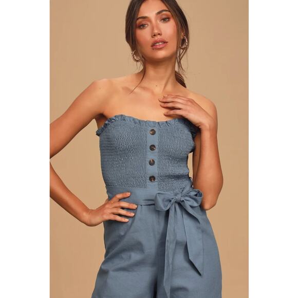 Lulu's Take A Wonder Denim Blue Smocked Linen Blend Wide-Leg Jumpsuit Size XS - Picture 10 of 10